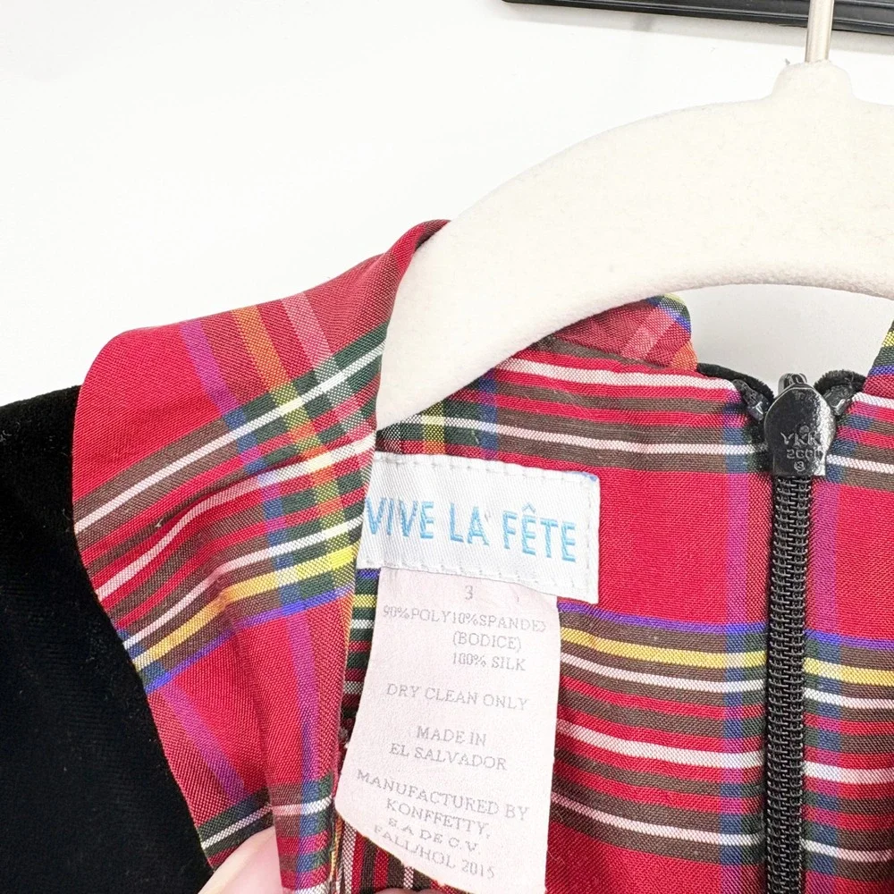 Vive La Fete Toddler Girls Black Velvet Red Silk Plaid Holiday Party Dress 3